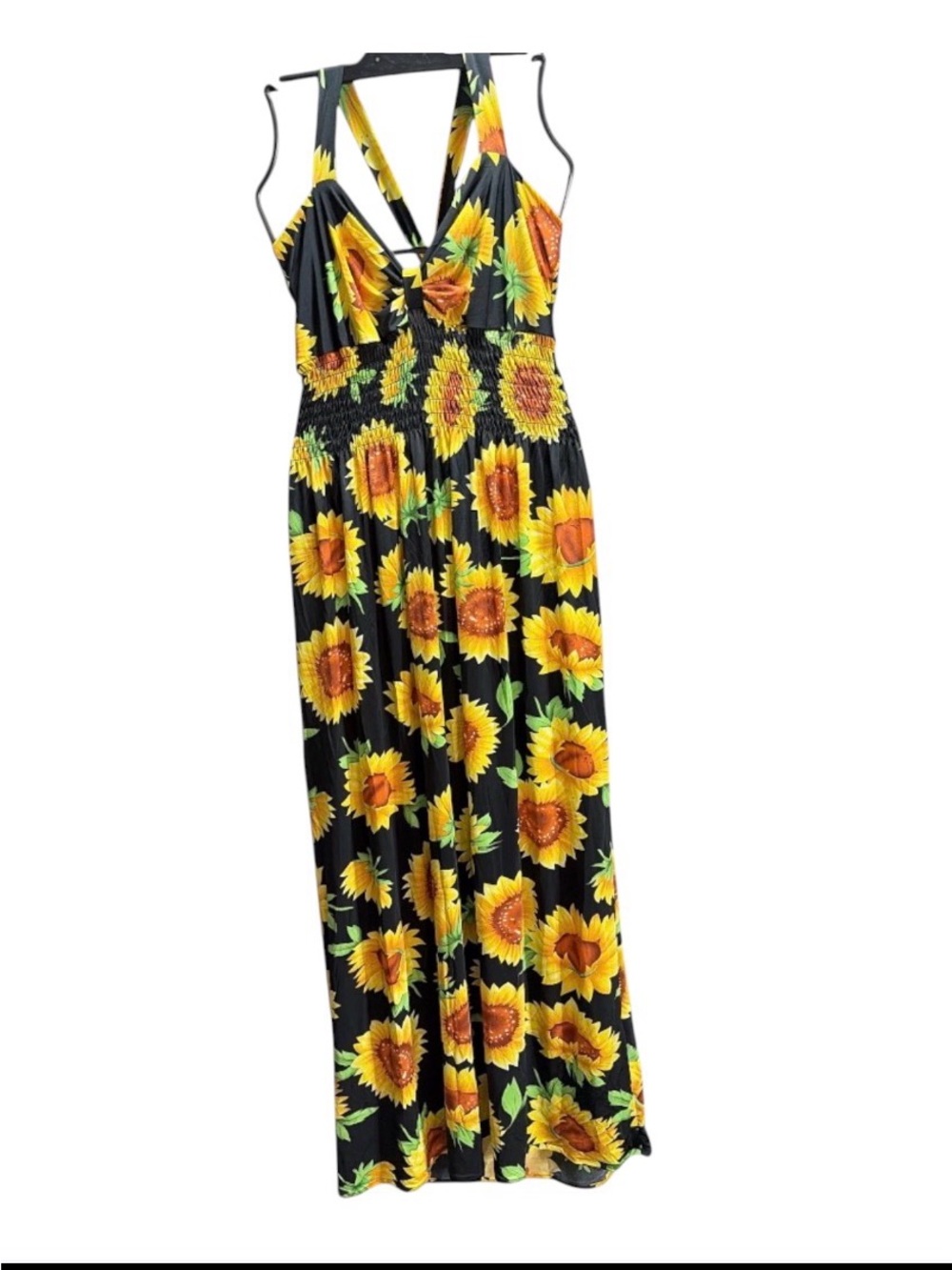 A82 FUYUKAI Sunflower Print Smocked V neck Maxi Dress - Black & Yellow NWT S/M